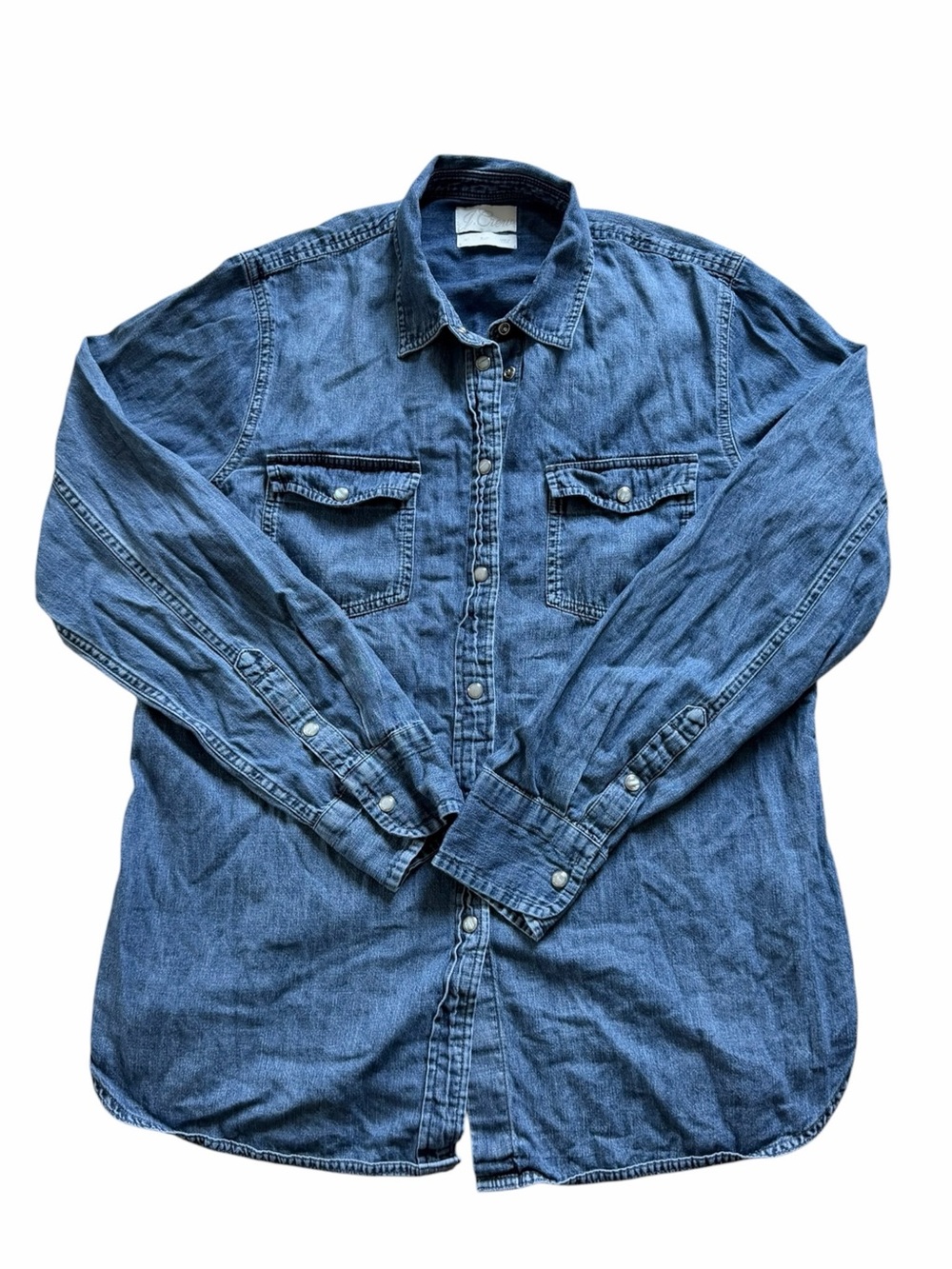 J. Crew Slim Fit Chambray Shirt Size 14 Tall Blue Cotton Pearl Snap Western
